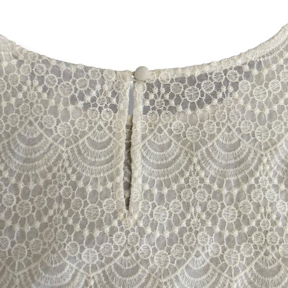 LOFT White Lace Blouse Medium Scallop Hem Short Sleeve Crochet Top Ivory - Picture 7 of 9